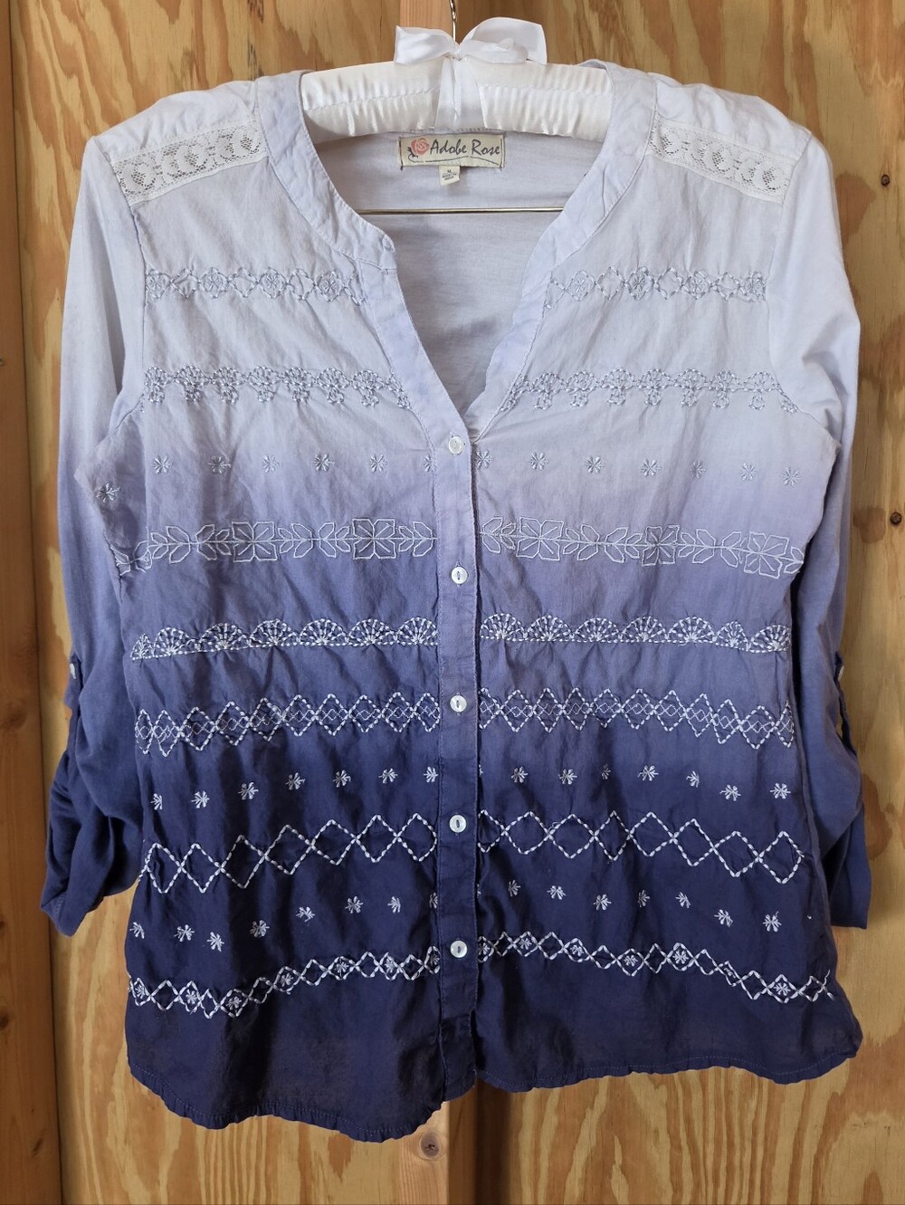 Adobe Rose Ombre Embroidered Cotton Gauze Button Down Shirt Blue Medium